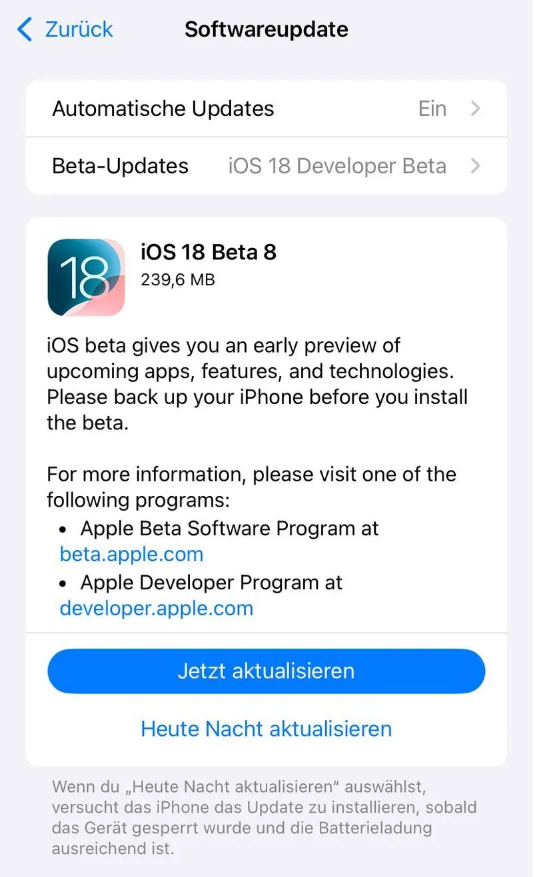 叙永苹果手机维修分享苹果 iOS / iPadOS 18 开发者预览版 Beta 8 发布 